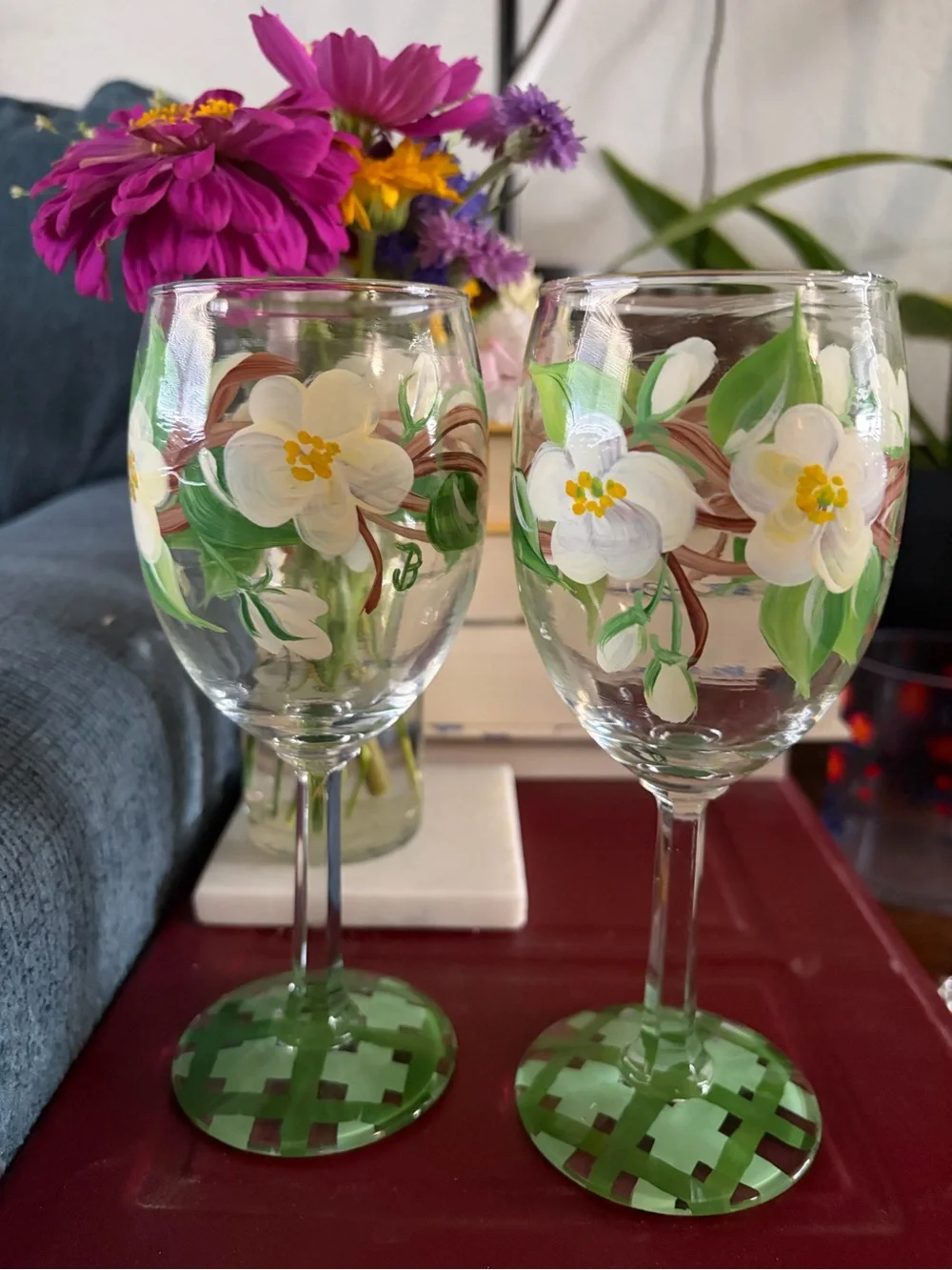 Hand-Painted Floral Wine Glasses in Green
